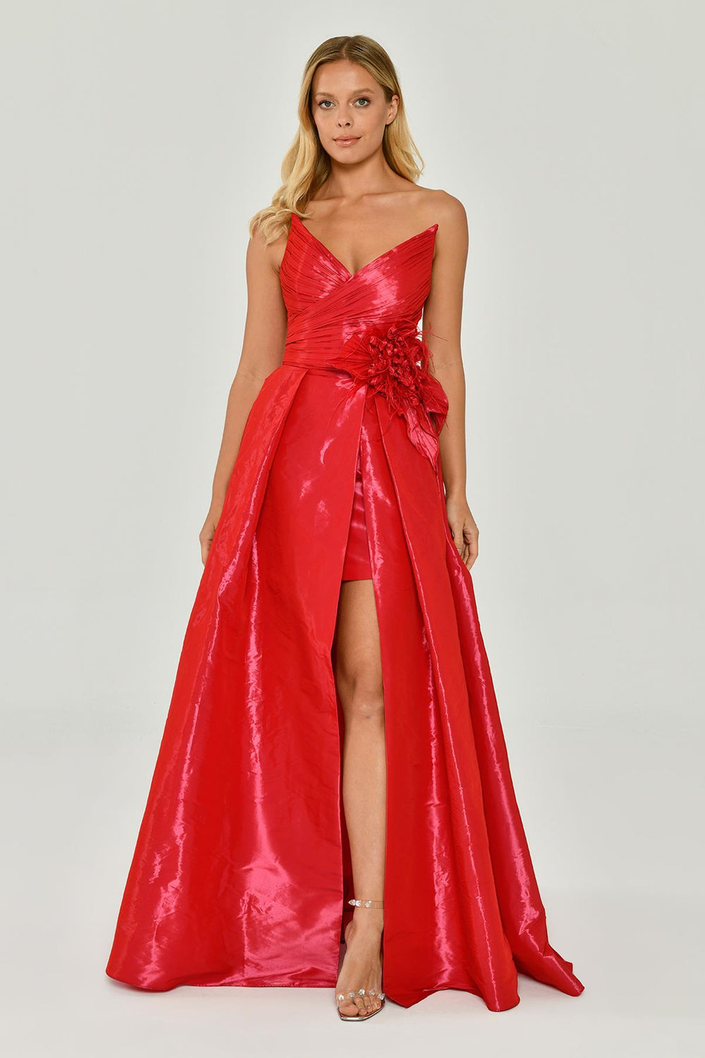 Strapless Side Slit Shiny Fabric Long Dress