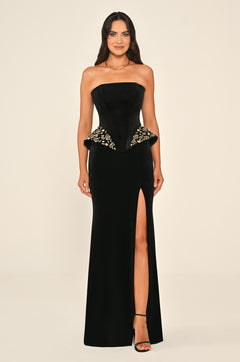 Strapless Velvet Long Dress with Slits and Embellished Sides