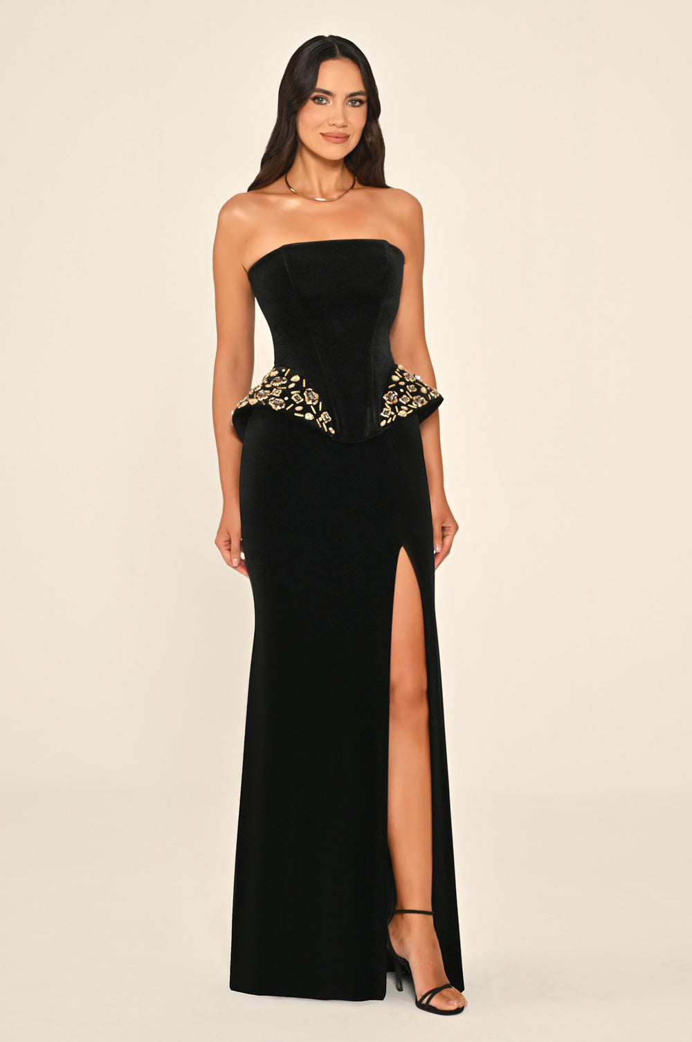 Strapless Velvet Long Dress with Slits and Embellished Sides