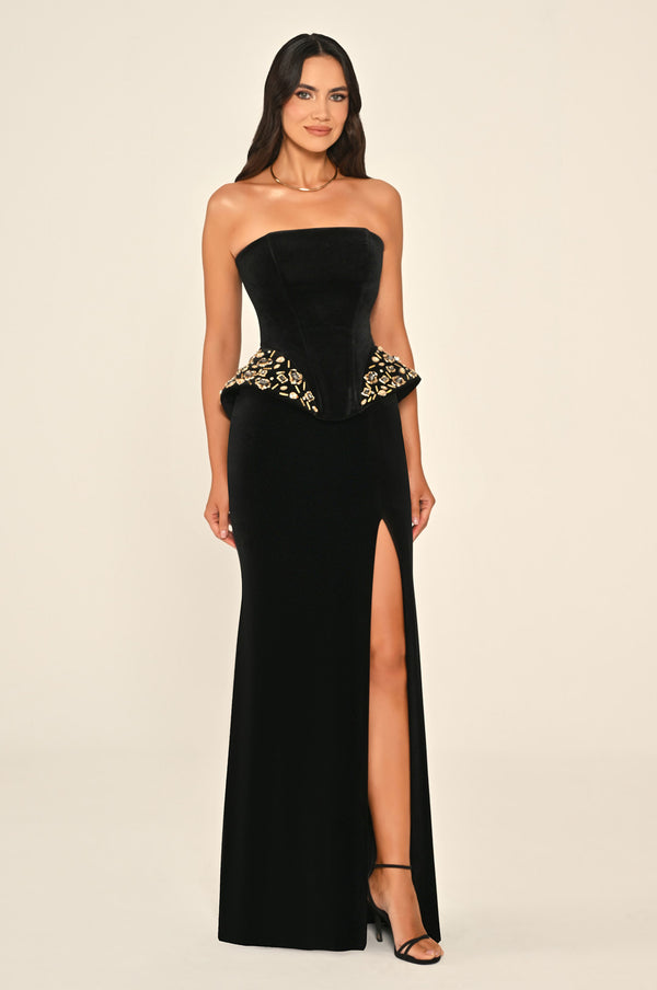 Strapless Velvet Long Dress with Slits and Embellished Sides