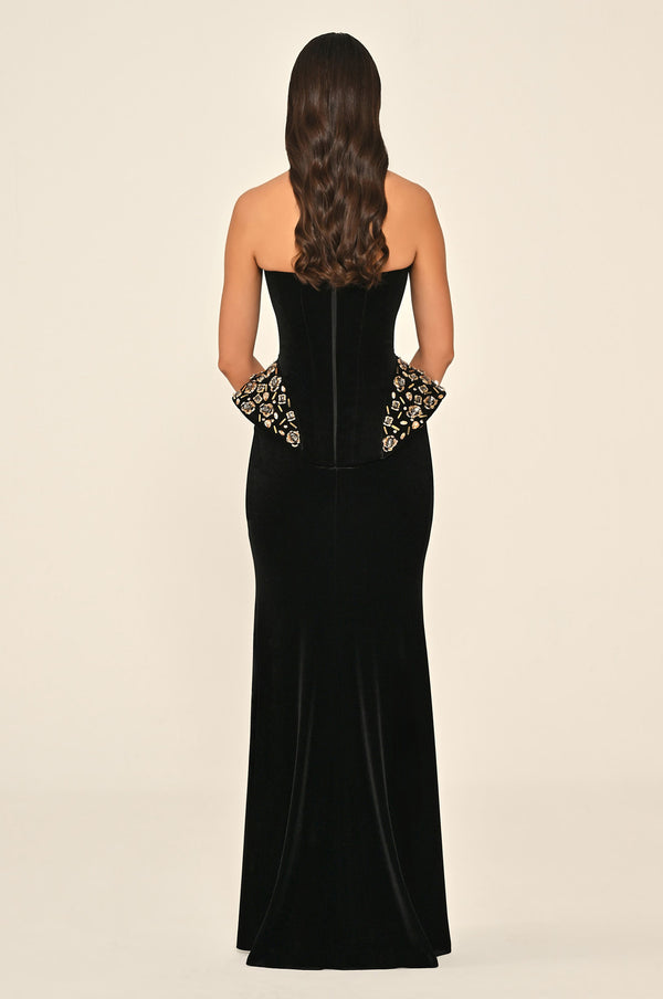 Strapless Velvet Long Dress with Slits and Embellished Sides
