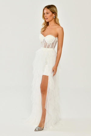 Strapless Ruffled Tulle Dress with Slit