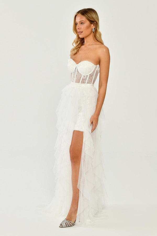Strapless Ruffled Tulle Dress with Slit