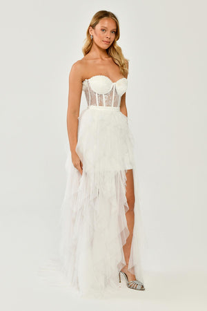 Strapless Ruffled Tulle Dress with Slit