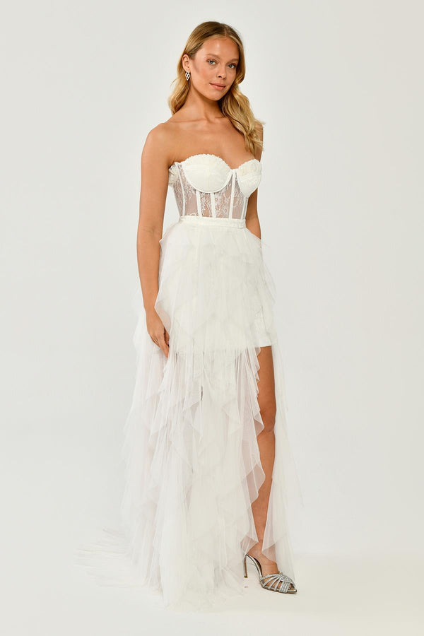 Strapless Ruffled Tulle Dress with Slit