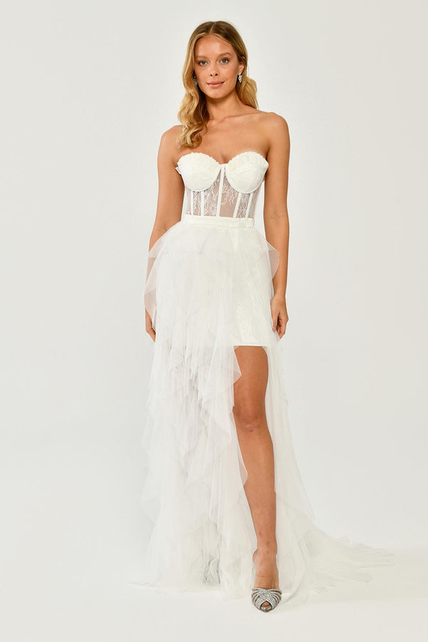 Strapless Ruffled Tulle Dress with Slit