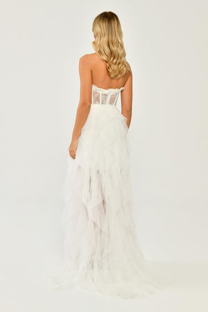 Strapless Ruffled Tulle Dress with Slit