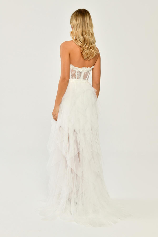 Strapless Ruffled Tulle Dress with Slit