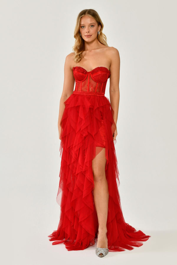 Strapless Ruffled Tulle Dress with Slit