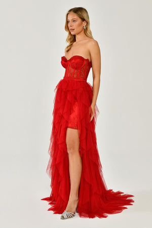 Strapless Ruffled Tulle Dress with Slit