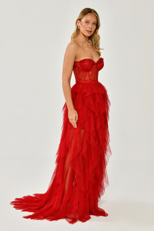 Strapless Ruffled Tulle Dress with Slit
