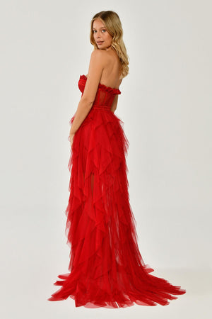 Strapless Ruffled Tulle Dress with Slit