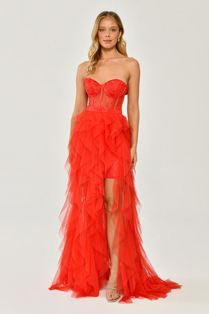 Strapless Ruffled Tulle Dress with Slit