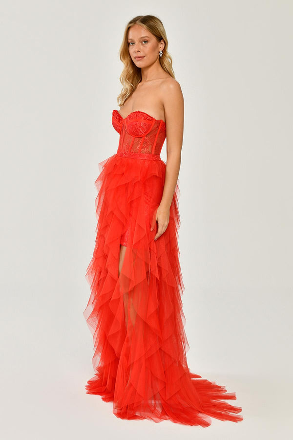 Strapless Ruffled Tulle Dress with Slit