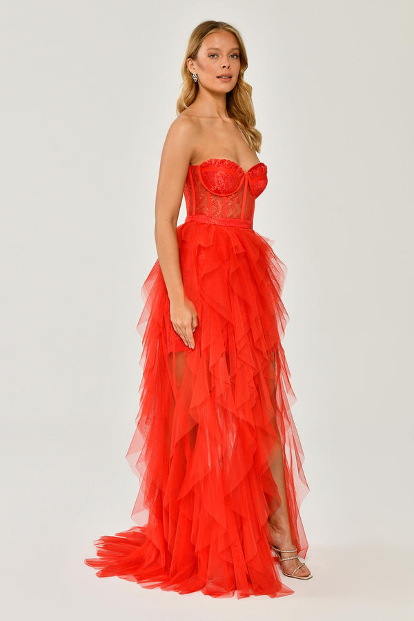 Strapless Ruffled Tulle Dress with Slit