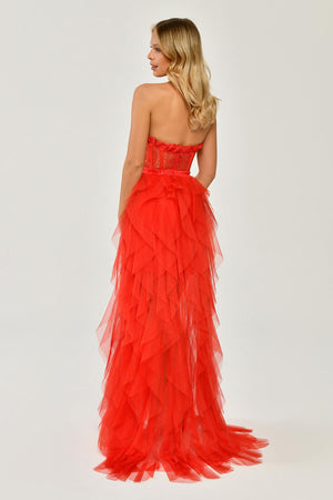 Strapless Ruffled Tulle Dress with Slit