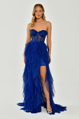 Strapless Ruffled Tulle Dress with Slit