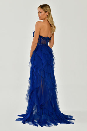Strapless Ruffled Tulle Dress with Slit