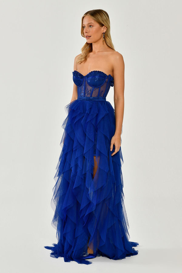 Strapless Ruffled Tulle Dress with Slit