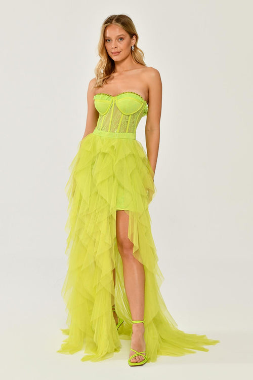 Strapless Ruffled Tulle Dress with Slit