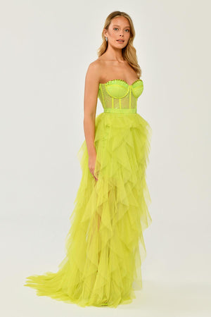 Strapless Ruffled Tulle Dress with Slit