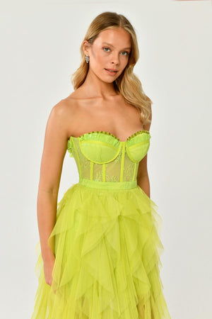 Strapless Ruffled Tulle Dress with Slit