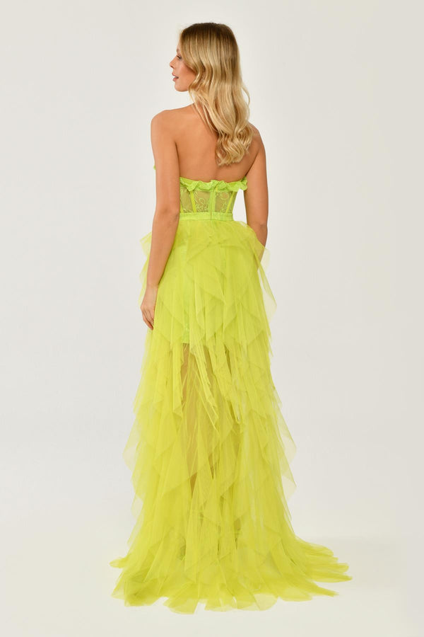 Strapless Ruffled Tulle Dress with Slit