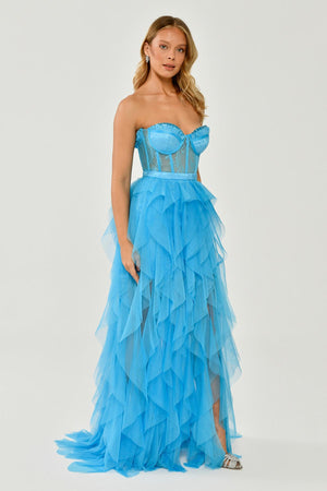 Strapless Ruffled Tulle Dress with Slit