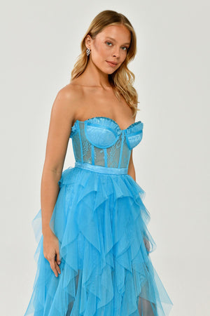 Strapless Ruffled Tulle Dress with Slit
