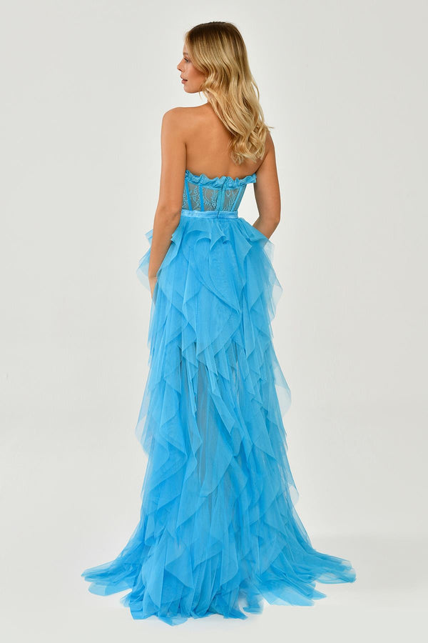 Strapless Ruffled Tulle Dress with Slit
