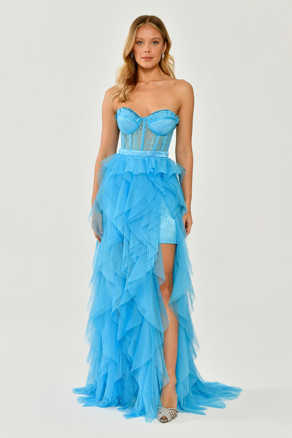 Strapless Ruffled Tulle Dress with Slit