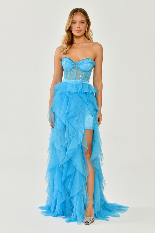 Strapless Ruffled Tulle Dress with Slit