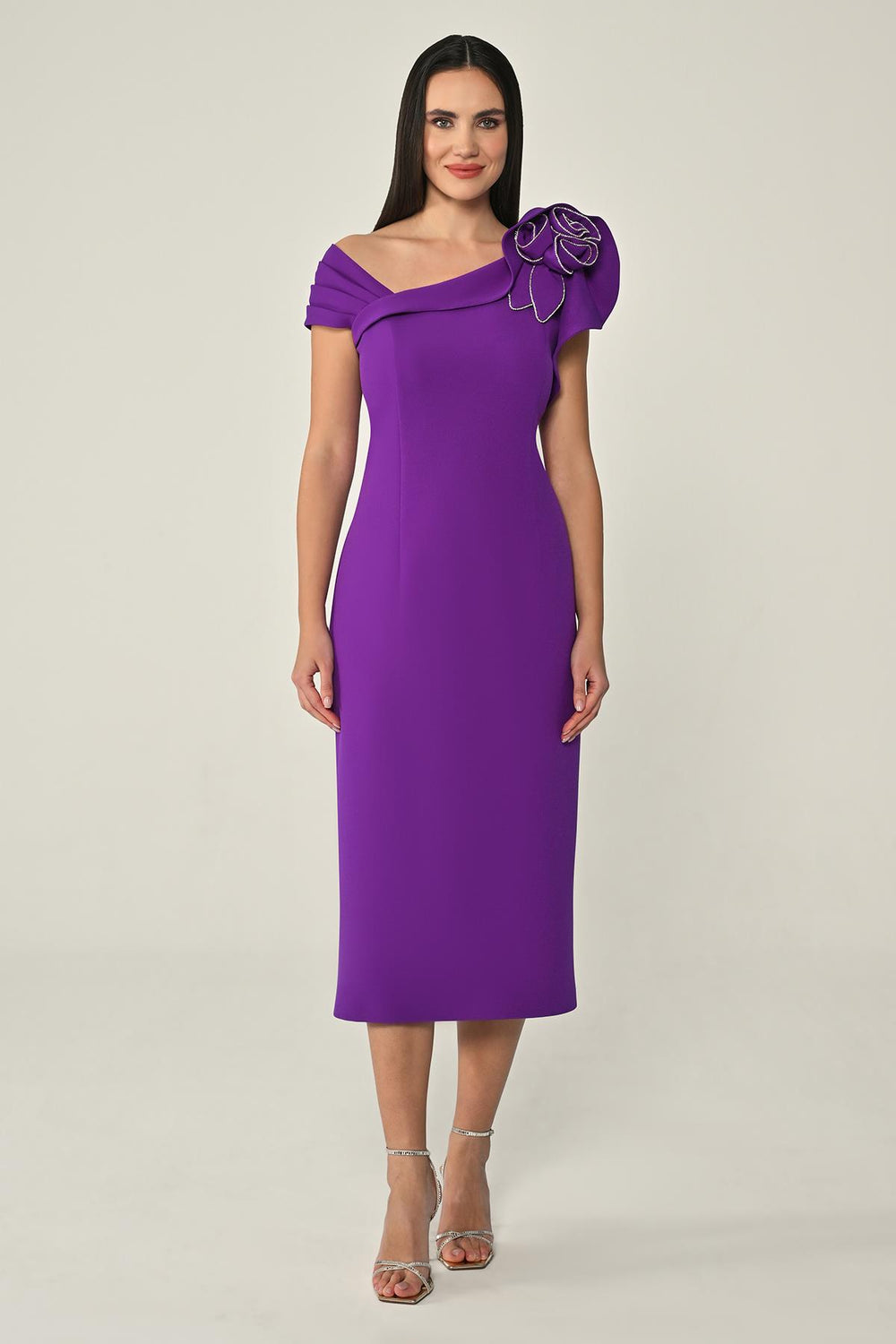 Crepe Midi Dress with Jeweled Floral Accessories