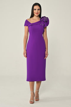 Crepe Midi Dress with Stones and Floral Detail