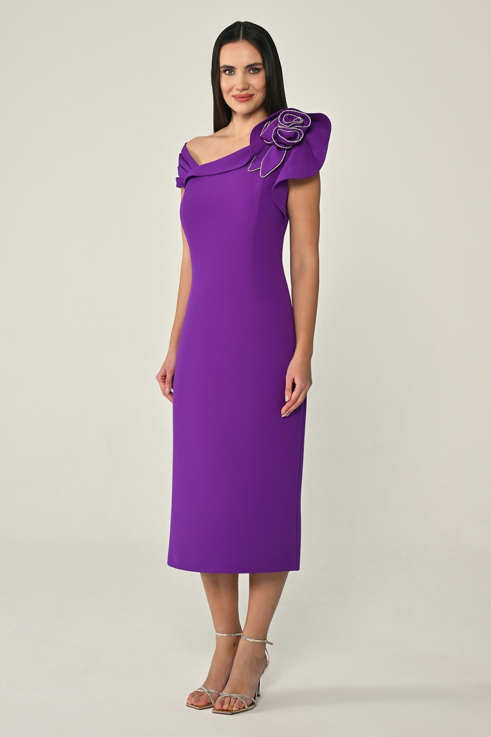 Crepe Midi Dress with Jeweled Floral Accessories