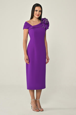 Crepe Midi Dress with Stones and Floral Detail