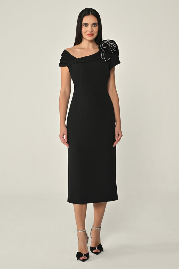 Crepe Midi Dress with Stones and Floral Detail