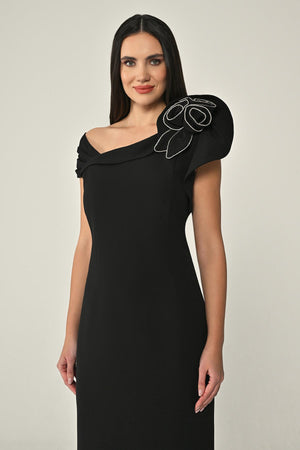 Crepe Midi Dress with Stones and Floral Detail