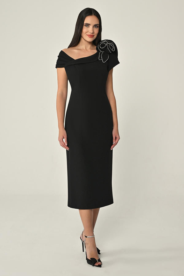 Crepe Midi Dress with Stones and Floral Detail