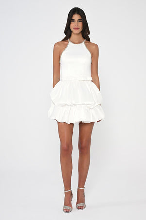 Halter Neck Taffeta Short Dress with Stones and Balloon Skirt