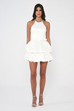 Halter Neck Taffeta Short Dress with Stones and Balloon Skirt
