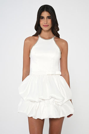 Halter Neck Taffeta Short Dress with Stones and Balloon Skirt