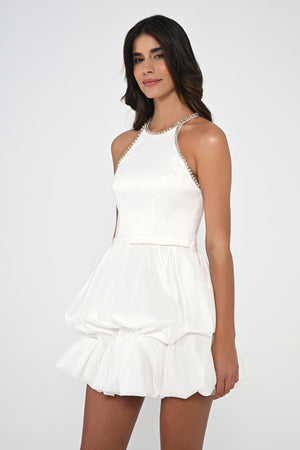 Halter Neck Taffeta Short Dress with Stones and Balloon Skirt