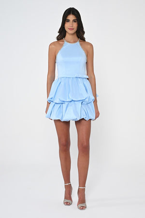 Halter Neck Taffeta Short Dress with Stones and Balloon Skirt