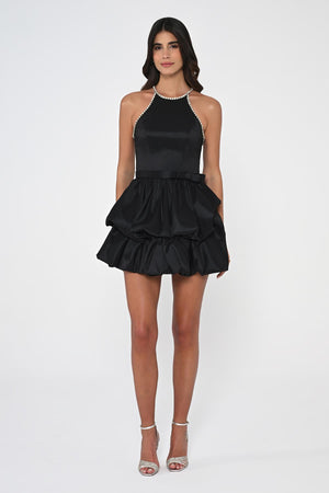 Halter Neck Taffeta Short Dress with Stones and Balloon Skirt