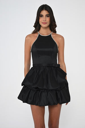 Halter Neck Taffeta Short Dress with Stones and Balloon Skirt
