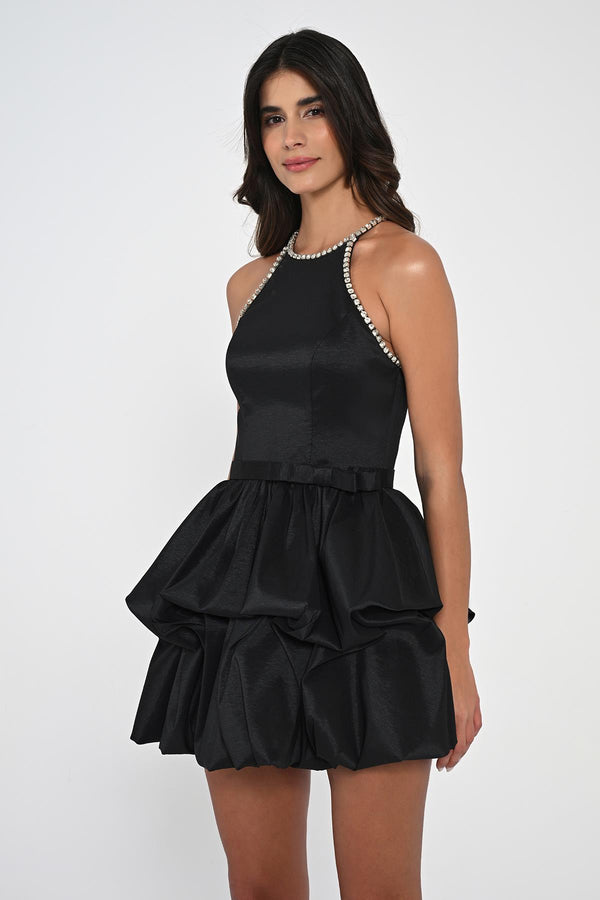 Halter Neck Taffeta Short Dress with Stones and Balloon Skirt