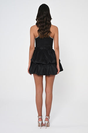 Halter Neck Taffeta Short Dress with Stones and Balloon Skirt