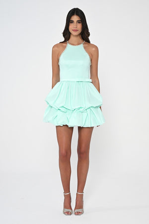 Halter Neck Taffeta Short Dress with Stones and Balloon Skirt