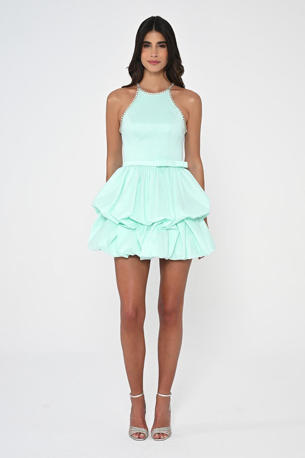 Halter Neck Taffeta Short Dress with Stones and Balloon Skirt